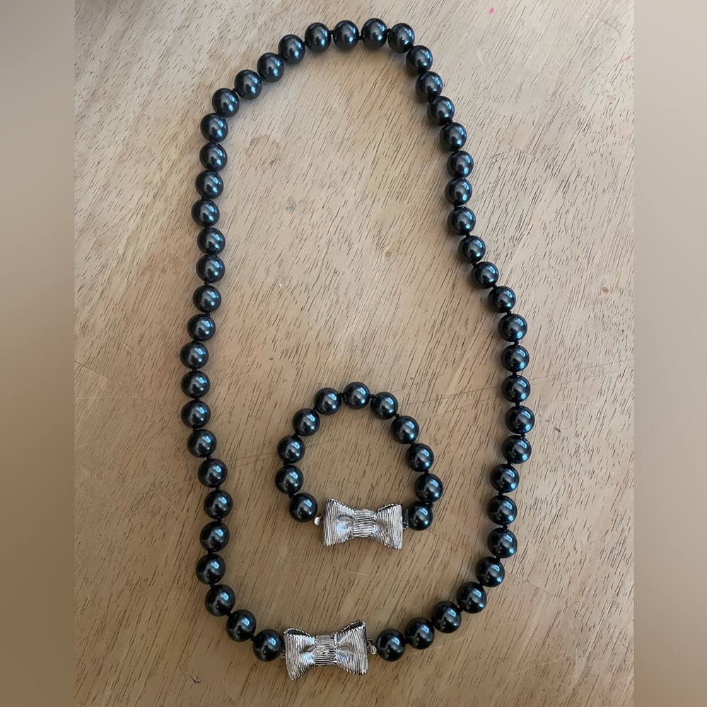 Kate Spade Gray Beaded Necklace and bracelet with Silver Bow